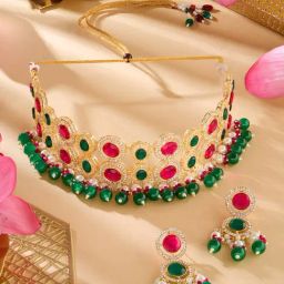 Zaveri Pearls Pink Green Stones Beads Diamonds Choker Necklace & Earring Set-ZPFK18217-14