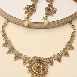 OOMPH Jewellery Antique Gold Tone Green & Maroon Stones Ethnic Necklace Set for Women-image-34