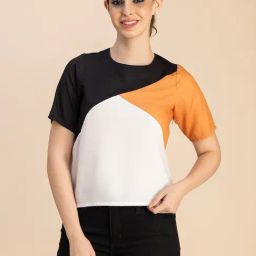 Moomaya Black & Orange Color-Block Top-11