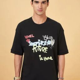 Street 808 By Pantaloons Jet Black Cotton Comfort Fit Printed T-Shirt-image-60
