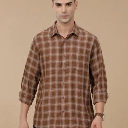 Linen Club Brown Linen Slim fit Checks casual shirts-image-54
