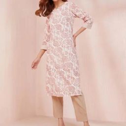 Fabindia White Cotton Floral Print Straight Kurta-25