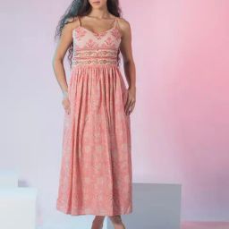 VIRGIO Peach Cotton Print Sleeveless Dress-image-54