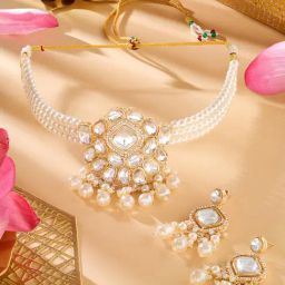 Zaveri Pearls Gold Tone Dazzling Stones Multistrand Pearls Choker Necklace & Earring Set-ZPFK18228-image-67