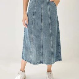 Globus Women Light Blue Midi Rise Panelled A-Line Midi Denim Skirt-image-73