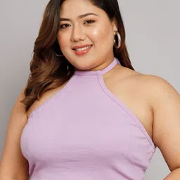 Funday Fashion Women Plus Size Solid Cotton Halter Neck Crop Top-image-43