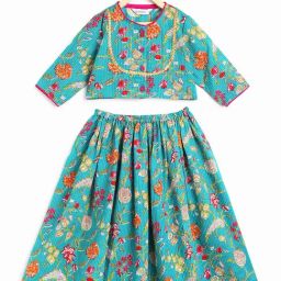 Campana Kids Teal & Magenta Floral Print Lehenga with Choli-image-82