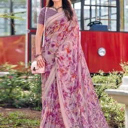Satrani Purple Floral Print Saree With Unstitched Blouse-image-35
