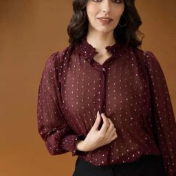 Globus Women Maroon Frilled Neck Bishop Sleeves Lurex Detail Georgette Shirt Style Top-picture-48