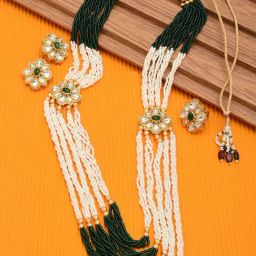 Zaveri Pearls Green Multistrand Two Side Brooch Necklace Earring & Ring Set-ZPFK11476-image-24