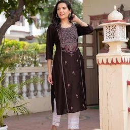 Juniper Brown Embroidered Kurta-picture-32