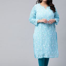 ADA Women Plus Size Blue & White Floral Embroidered Chikankari Handloom Kurta With Slip-image-60