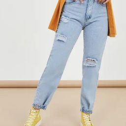 Styli Light Blue Cotton Distressed Boyfriend Fit High Rise Jeans-picture-4