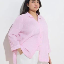 Gia by Westside Pink Stripe Patterned High-Low Cotton Blouse-image-68