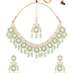 Zaveri Pearls Mint Green Meenakari Diamonds Beads Bridal Necklace Earring & Maangtikka Set-ZPFK18232-14