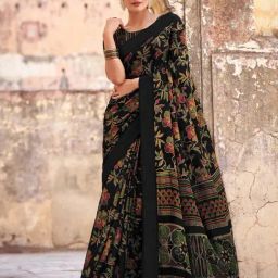 Satrani Black Floral Print Saree With Unstitched Blouse-picture-49