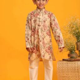 VASTRAMAY Boys Brown Floral Full Sleeves Kurta Sets-image-76