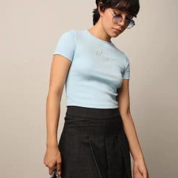 Only Blue Cotton Self Design Crop T-Shirt-picture-0