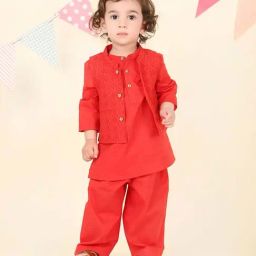 Fabindia Kids Red Cotton Regular Fit Printed Kurta Jacket Pant-picture-29