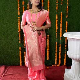 SHUBHKALA Peach Silk Woven Saree With Unstitched Blouse-image-40