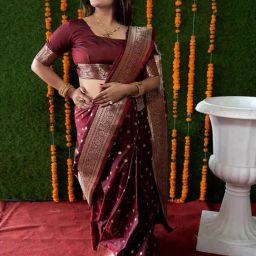 SHUBHKALA Maroon Silk Woven Saree With Unstitched Blouse-image-97