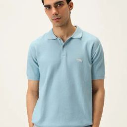 ANDAMEN Light Blue Regular Fit Textured Polo T-Shirt-picture-7