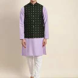 SOJANYA Men Lavender & Dark Green Kurta with Churidar & Nehru Jacket-picture-29