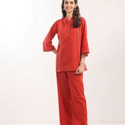 JISORA Mandarin Collar Neck Cotton Top With Trousers Co-Ords-picture-16