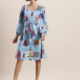 HERE&NOW Printed Puff Sleeves Tie-Ups A-Line Dress-image-60