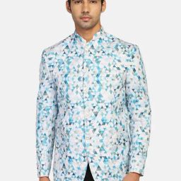 TAHVO White & Blue Cotton Slim Fit Printed Blazer-image-38