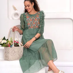 KALINI Women Floral Embroidered Ruffles Georgette Fit & Flare Midi Dress-image-76