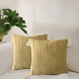 URBAN SPACE Khaki 2 Pieces Checked Pure Cotton Square Cushion Covers-image-98