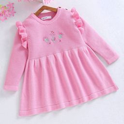 Babyoye 100% Cotton Full Sleeves Sweater Dress Floral Embroidered - Pink-image-34