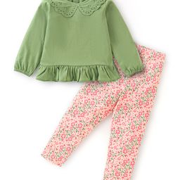 Babyhug 100% Cotton Full Sleeves Top and Floral Printed Pant - Green & Orange-image-12