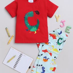 Knitting Doodles Premium Cotton Half Sleeves Dinosaur Printed Tee & Pajama - Red & Green-image-56
