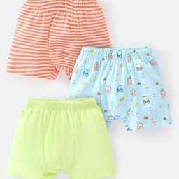 Babyhug 100% Cotton Knit Farm Print Trunks Pack of 3 - Green Blue & Red-image-101
