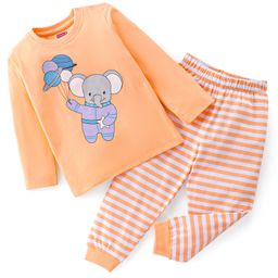 Babyhug Cotton Knit Full Sleeves Night Suit With Elephant Print - Orange-image-72