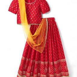Saka Designs Rayon Woven Half Sleeves   Choli Lehenga Set with Dupatta- Red and Gold-image-12