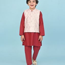 Babyhug 100% Cotton Woven Full Sleeves Cambric Kurta Pyjama Set With Mirror Embroided Jacket  -Red-image-89