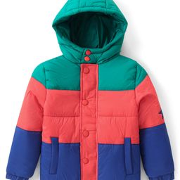 Babyhug Woven Full Sleeves Padded Hooded Jacket with Cut & Sew Design - Orange & Blue-image-30