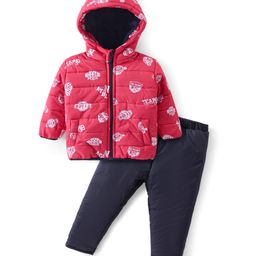 Babyhug Woven Full Sleeves Hooded Winter Wear Suit With Varsity Print - Red-image-99
