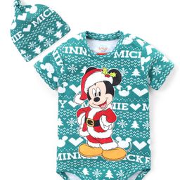 Babyhug Disney Knitted Half Sleeves Mickey Mouse Graphic Onesie with Cap - Sea Green-image-89