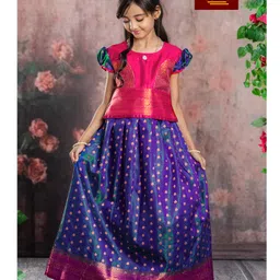 Bhartiya Paridhan Silk Woven Half Puffed Sleeves Floral Embroidered Choli Lehenga Set - Blue & Red-picture-14