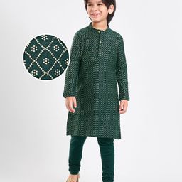 EARTHY TOUCH Single Premium Cotton Knit Full Sleeves Kurta Pyjama Set With Foil Print - Dark Green-image-44