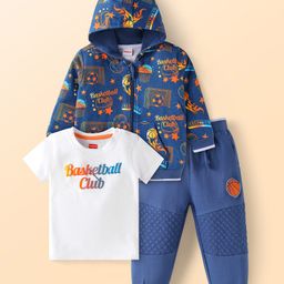 Babyhug Terry Knit Full Sleeves Sport Theme Printed Hooded Jacket with Cut & Sew Pattern Lounge Pant & T-Shirt - Navy Blue & White-image-4