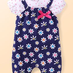 Babyhug Single Jersey Knit Dungaree Style Romper & Half Sleeves T-Shirt With Floral Print - Navy Blue & White-image-42