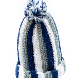 Knits & Knots Woollen Blend Striped Handmade Cap - White & Blue-picture-13