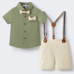 Mark & Mia Cotton Half Sleeves Solid Color Shirt & Shorts Set with Bow & Suspender - Olive Green & Beige-image-35