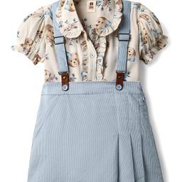 ToffyHouse Cotton Woven Half Sleeves Front Open Teddy Bear Printed Top & Skirt Set With Suspender - Cream & Blue-image-5