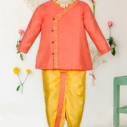 Saka Designs By Sapna Pure Cotton Full Sleeves Ethnic Embroidered Kurta Dhoti Set - Orange & Yellow-image-26